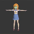 3D Fictional Character Creature With Orange Hair Blue School Uniform Standing Arms Outstretched Dark Background