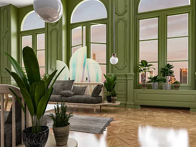 Elegant Living Room Interior Design With Green Walls Arched Windows And Plants 3d model