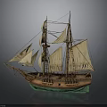 Wooden Sailing Ship Model With Multiple Sails Mast And Green Brown Hull