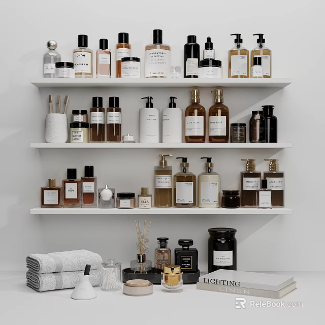 Household Essentials Display on Organized Shelves with Various Bottles Jars Towels and Candles 3d model 