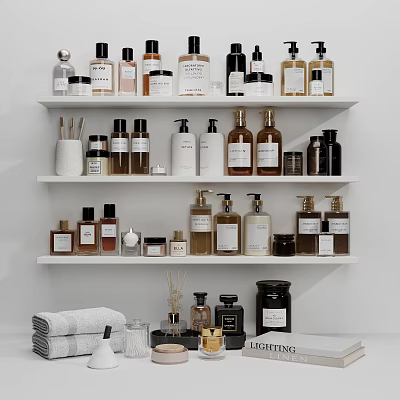 Household Essentials Display on Organized Shelves with Various Bottles Jars Towels and Candles 3d model