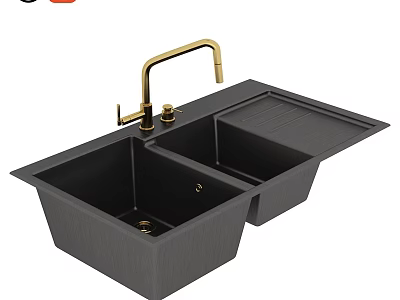 Modern Black Double Bowl Kitchen Sink With Golden Faucet And Drainboard 3d model