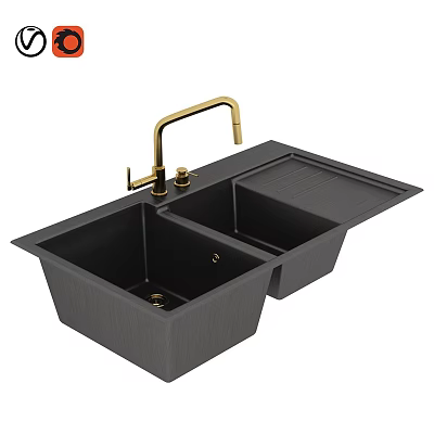 Modern Black Double Bowl Kitchen Sink With Golden Faucet And Drainboard 3d model