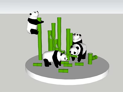 Cute Pandas Climbing And Eating Bamboo Stems In 3D Display Model 3d model