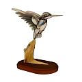 Decorative Ornament Set With Hummingbird Figurine Colorful Wings And Wooden Base