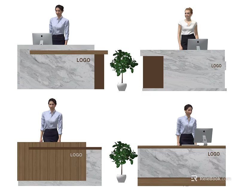 Modern Reception Desk With Marble Countertop Wooden Front LOGO Computer And Potted Plant 3d model 
