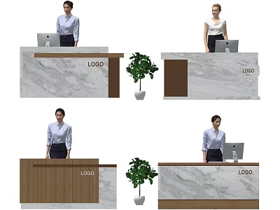 Modern Reception Desk With Marble Countertop Wooden Front LOGO Computer And Potted Plant 3d model