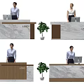 Modern Reception Desk With Marble Countertop Wooden Front LOGO Computer And Potted Plant