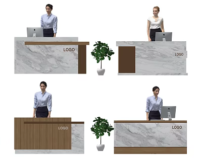 Modern Reception Desk With Marble Countertop Wooden Front LOGO Computer And Potted Plant 3d model