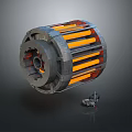 Space Exploration Cylindrical Component With Orange Thermal Strips And Mini Rover