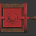 Red Manual Kitchen Grinder Appliance with Wooden Base and Decorative Wheel Design