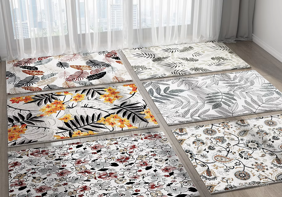 Decorative Square Rugs with Various Floral Tropical Leaf and Black White Patterns on Indoor Floor 3d model 