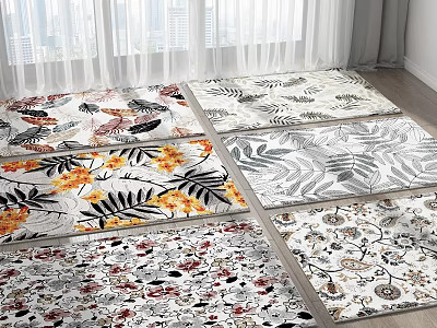 Decorative Square Rugs with Various Floral Tropical Leaf and Black White Patterns on Indoor Floor 3d model