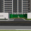 Modern High Rise Residential Community Entrance With Green Belt And Buildings