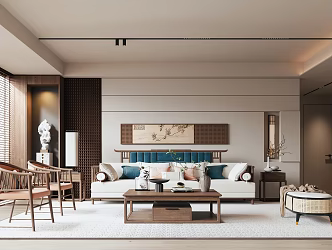 New Chinese Style Living Room Sofa Background Wall Sofa Coffee Table Combination 3d model