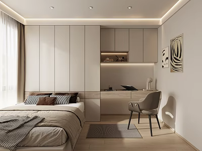 Modern Tatami Bedroom Interior Design With Built in Wardrobe Desk Chair And Decorative Painting 3d model