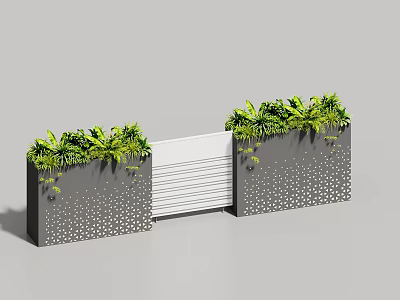 Grey Planters With Green Foliage White Sliding Gate And Decorative Dot Patterns 3d model
