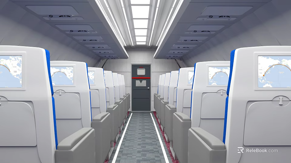 Modern Airplane Cabin Interior With Comfortable Seats Aisle Windows And Overhead Compartments 3d model 