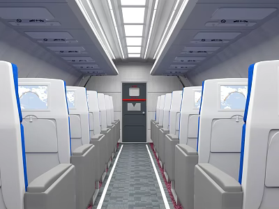 Modern Airplane Cabin Interior With Comfortable Seats Aisle Windows And Overhead Compartments 3d model