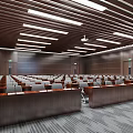 Modern Conference Room With Wooden Walls Large Screen Gray Carpet And Arranged Tables