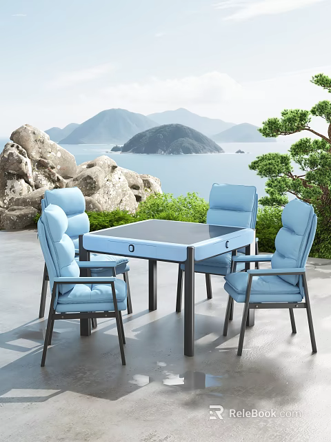 Comfortable Blue Outdoor Patio Furniture Set With Cushioned Chairs And Rectangular Table 3d model 