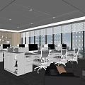 Modern Open Public Office Space With Desks Computers Chairs Large Windows And Sofa 3d model