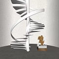 Golden Sculpture on Brown Plinth Beside White Spiral Staircase With Light Wall and Curved Lighting