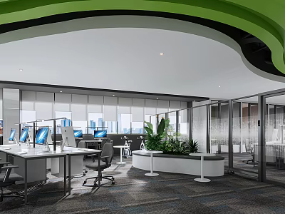 Modern Public Office Space With Workstations Computers Green Plants And Glass Partitions 3d model