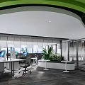 Modern Public Office Space With Workstations Computers Green Plants And Glass Partitions