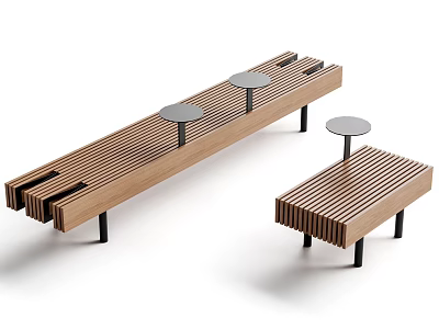 Modern Wooden Slatted Bench With Small Round Tables And Black Legs 3d model
