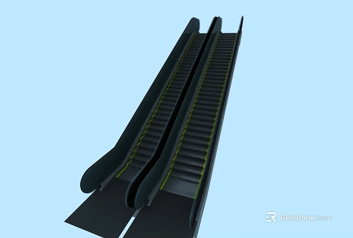 Two Modern Parallel Moving Escalators With Black Steps And Yellow Edges 3d model 