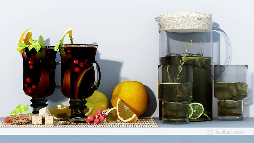 Homemade Beverages with Orange Lemon Cranberry and Herb Infused Water Pitcher 3d model 