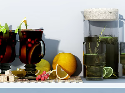 Homemade Beverages with Orange Lemon Cranberry and Herb Infused Water Pitcher 3d model