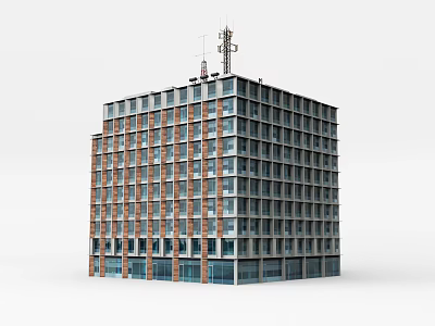 Modern Multi Story Building With Grid Windows Glass Entrance And Roof Antennas 3d model
