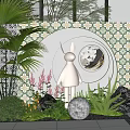 Landscape Feature Wall With Decorative Tile Pattern Circular Lighting Rabbit Sculpture And Surrounding Greenery