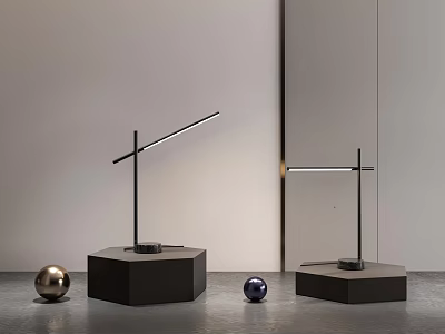 Two Modern Black Hexagonal Base Table Lamps With Golden And Blue Metallic Balls In Minimalist Interior 3d model
