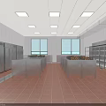 Commercial Catering Kitchen Interior With Stainless Steel Worktables Refrigerators Tile Flooring And Windows