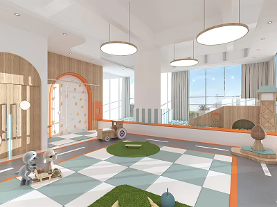 Kindergarten Interior With Colorful Tiled Flooring Play Area Toys Natural Light Windows Round Pendant Lights 3d model