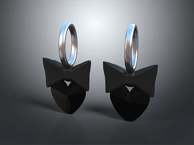 Fashionable Black Bow Earrings With Silver Hooks And Heart Shaped Pendants 3d model