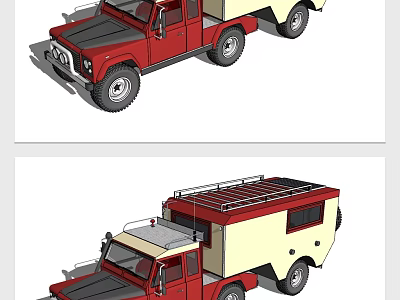 Red Modified Pickup Vehicles With Camper Cabin And Roof Rack 3d model