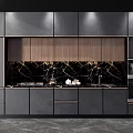 Modern Kitchen Interior With Wooden Cabinets Black Panel Marble Countertop And Lighting