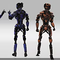 Detailed Game And Film Robotic Character Designs With Blue Orange Colors And Various Poses