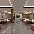 Luxury Modern Lounge Area With Beige Lounge Chairs Marble Flooring Recessed Lighting And Decorative Paintings