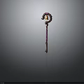 Magic Staff Weapon With Curved Top Bell Decoration And Purple Winding On Wooden Shaft