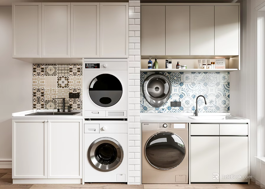 White Laundry Room Bathroom Cabinetry With Washer Dryer Sink And Mosaic Tile Backsplash 3d model 