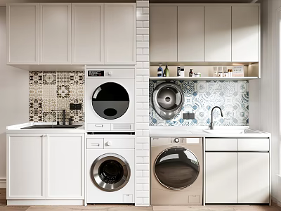 White Laundry Room Bathroom Cabinetry With Washer Dryer Sink And Mosaic Tile Backsplash 3d model