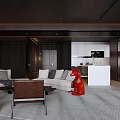Modern Living And Dining Area Interior With Dark Ceiling Leather Sofa And Wine Cabinet