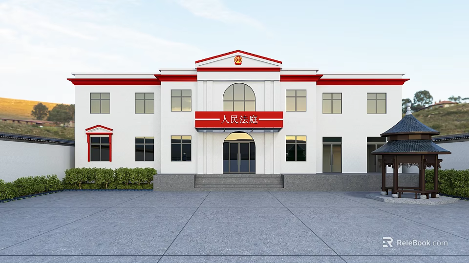 People's Court Building Exterior With White Facade Red Accents Main Entrance Stone Steps And Surrounding Greenery 3d model 