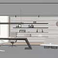 Modern Office Interior Design With Wooden Desk Comfortable Chair Floating Shelves And Linen Sofa