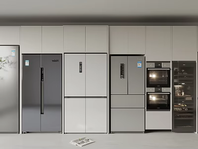 Modern Kitchen Appliances Arranged In Row With Various Color Refrigerators And Ovens 3d model